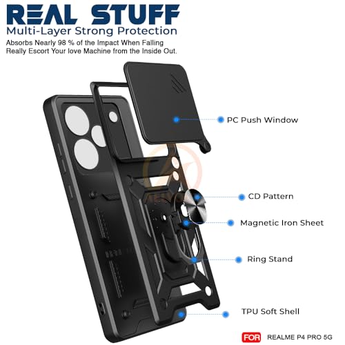 Image of Armor Bumper Back Cover Case for Realme P4 5G Pro Rotating Camera Cover, Ring Holder & Kickstand | Heavy Duty & 360 Degree Protection Realme P4 5G Pro Back Cover (Black)