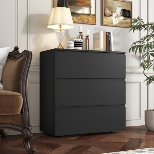 Image of Tall Nightstand with 3 Drawers, Modern Handleless Bedside Table for High Beds, Large Storage End Table, Wood Side Cabinet for Bedroom Black 30.3 inch W x 15.7 inch D x 32.3 inch H