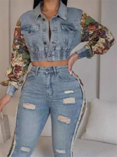 ksotutm 2 Piece Set for Women Long Sleeve Jean Jacket Top and Ripped Jeans Denim Set Patchwork Denim Outfit4