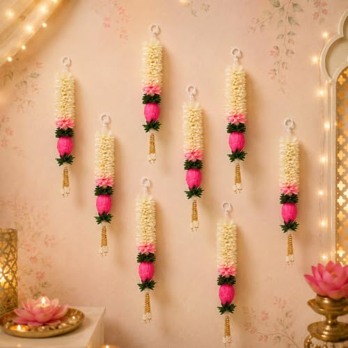 Image of Akaar Decor Lotus Hanging Gajra Set of 8 (10 Inch) | Off-White Floral Wall Hangings | Diwali Backdrop, Temple & Pooja Room Decor