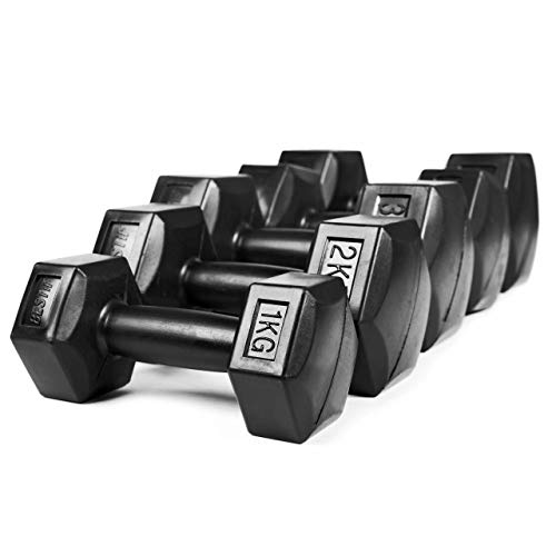 BESTIF Juego de mancuernas, juego de 2 mancuernas cortas de plástico, peso a elegir 1-6 kg, mancuernas hexagonales para aeróbic, gimnasia, entrenamiento de fitness, tamaño 2x6kg Cover