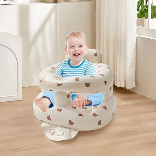 Image of Portable Inflatable Baby Seat with Safety Fence - Sit-Up Chair for Infants & Toddlers | Secure Baby Floor Seat for Sitting Practice | Lightweight Design with Built-in Air Pump(Bear)