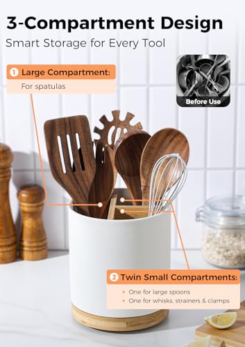 Image of LoeJan 3 Compartment Utensil Holder, Extra Large Utensil Crock, Stable Ceramic Utensil Organizer, Cooking Tool Organizer Set for Kitchen Counter Farmhouse Decor, Textured White