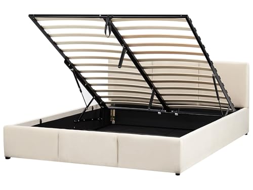 Image of Beliani with Slatted Base with Storage Upholstered Sturdy Frame Ottoman Bed 160x200 Cm Eu King Size Velvet with Wood Legs Beige Bousse