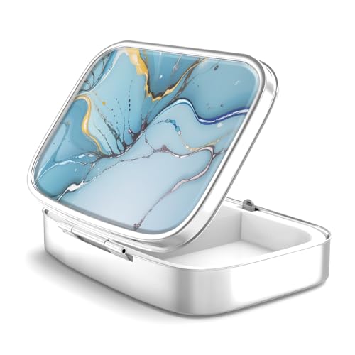 Pill Box 2 Compartment Medicine Pill Case,Portable for Pocket or Purse Pill Box Decorative Metal Medicine Vitamin Organizer Unique Gift(Bule Marble)