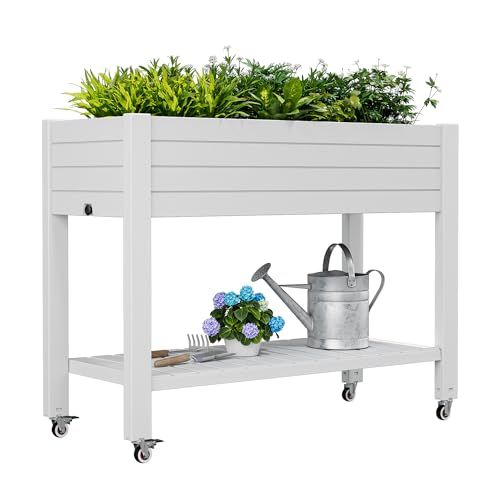 WTFGO Elevate 33.7" Tall Raised Garden Bed with Wheels, Divisible Resin Planter Box with Drainage Gauge & Storage Shelf, Herb Planter for Garden Patio Backyard, Ashen (33.7" h)