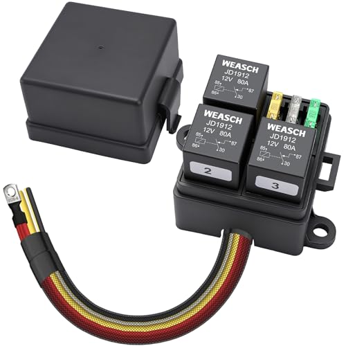 Weasch Boîtier de relais de fusibles pré-câblé à 3 voies 12 V, 3 relais et 3 fusibles à lame ATC/ATO, bloc de relais à 4 pôles 80 A et kit, pour...