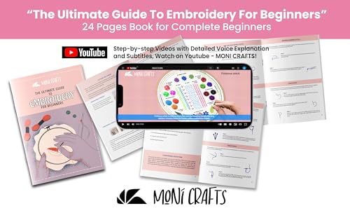 Image of Moni Crafts Embroidery Kit for Beginners - DIY Hand Embroidery Set for Adults with 4 Stamped Patterns, Hoop, Threads, Needles and Step-by-Step Stitch Guide to Learn 33 Stitches