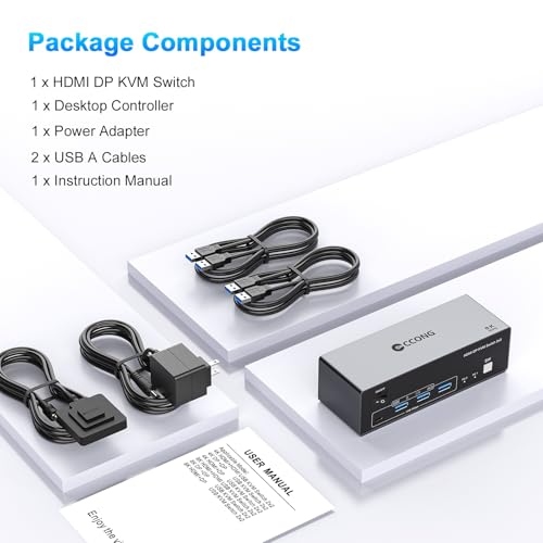 Image of CCONG 8K@60Hz HDMI Displayport KVM Switch 3 Monitors 2 Computers, Aluminum 4K@120Hz with 3 USB3.0 1 USB C Ports for 2 Computers Share Triple Monitors with 2 USB Cables Power Adapter Controller