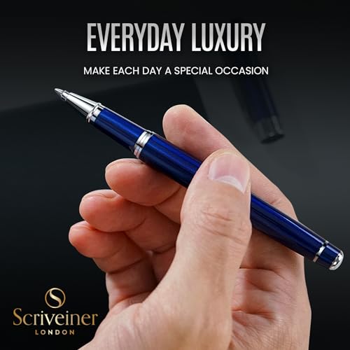 Image of Scriveiner Midnight Blue Rollerball Pen - Stunning Blue Lacquer Luxury Pen, Chrome Finish, Schmidt Ink Refills, Best Roller Ball Fathers Day Gift, Men & Women, Professional, Executive Office, Nice Pen