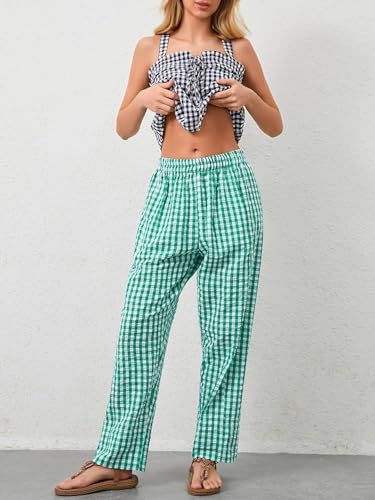 Image of YKR Plaid Pants for Women Gingham Lounge Wide Leg Low Waist Pajama Pants Elastic Waist Trousers with Pocket