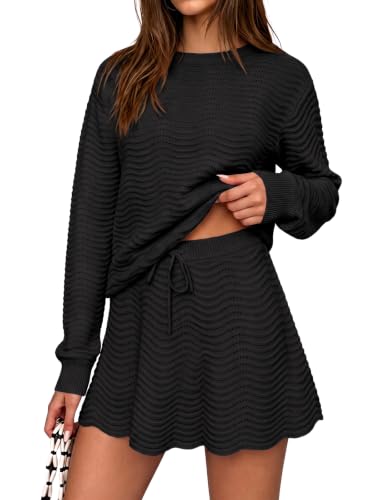 Fisoew Womens 2 Piece Sweater Sets Pullover Knit Tops Mini Skirts Outfits | Long Sleeve, Crewneck Jumper, A Line, Elastic High Waist, Fall Winter Clothes, Trendy Knitted Clothing, Crochet, Travel, Soft - image 1