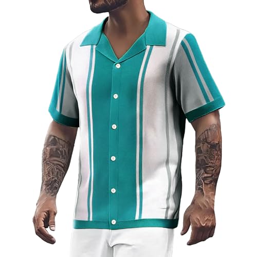 Generisch Camisa de punto para hombre con tira de botones, camisa de malla sexy de manga corta para hombre, camisa de verano, camisa de verano ligera, holgada, informal, transpirable, camisas de playa