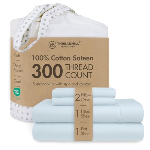 Image of Threadmill 300TC Cotton King Sheet Set, Sateen, Solid, Light Blue, 4-Piece | 100% Cotton, Sateen Weave, 4-Piece Set, Cooling, Breathable, All-Season, Lightweight, OEKO-TEX Certified, Machine Washable