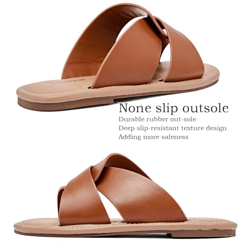 Image of Luoika Women's Wide Width Flat Slides Sandals, Strapy Slide Sandal Slip on Dressy Summer Shoes for Women.