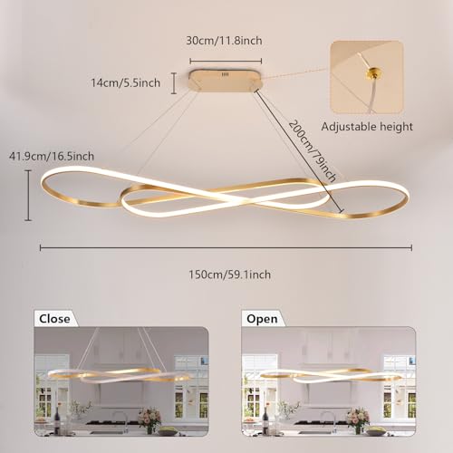 Image of Large Gold Led Chandelier 59.06in Modern LED Pendant Light for Dining Room Dimmable Kitchen Island Lighting