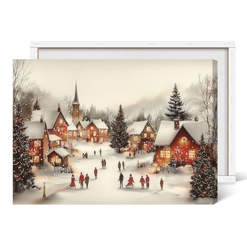 Yermidi Vintage Winter Village Wall Art Winter Landscape Country Scenes Painting Poster Neutral Christmas Canvas Prints Picture Wall Decor Cottagecore Holiday Decoration 16x24inch Wrapped Frame
