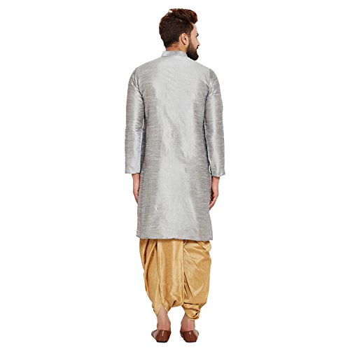 Image of SOJANYA (Since 1958 Men's Off-White and Gold Dupion Silk Dhoti Kurta Set