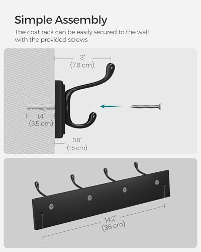 Image of SONGMICS Wall-Mounted Coat Rack, Hook Rack, 4 Dual Metal Hooks, Black | For Coats, Bags, Keys, in the Entryway, Bedroom, Living Room ULHR023B01