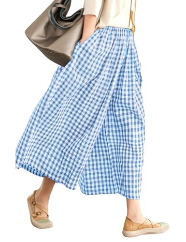 Image of LOMON Womens Wide Leg Capri Pants Gingham Plaid Culottes Summer Elastic Waist Palazzo Trousers Bottoms with Pockets