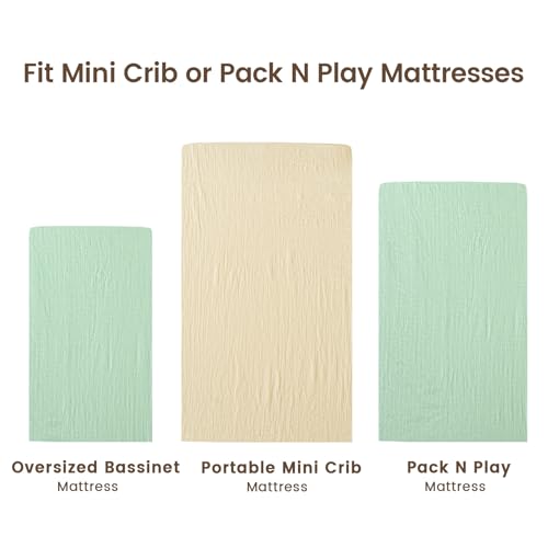 Image of david's kids Muslin Mini Crib Sheets, 2 Pack Cotton Pack N Play Sheets for Boys Girls Neutral, Soft Breathable Baby Sheets Fit Pack N Play, Playard and Mini Crib Mattresses, Beige & Green