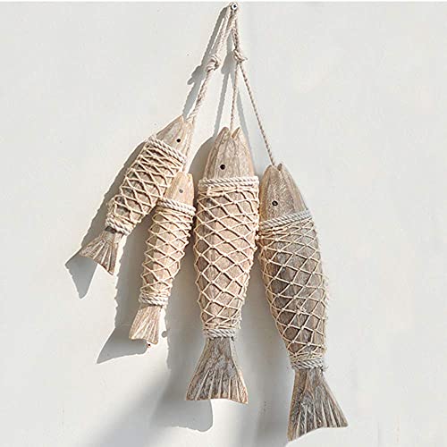 4 Pack Antique Hand Carved Wood Fish Sculpture Decor Ornament with Fishing Net, Beach Theme Wall Art Hanging Wooden Nautical Fish Decorations for Home, Lake House, Bathroom Bedroom Decorated Set of 4