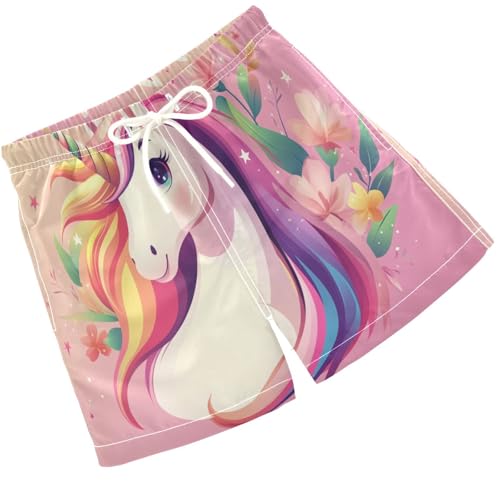 Pigsaly Boys Swim Trunks Unicorn Pink Flowers Leaves Boys Board Shorts Swimsuit Swimwear Summer Bathing Suit S