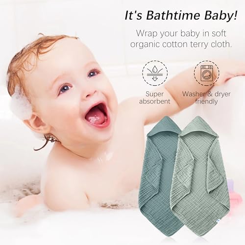 Image of SWEET DOLPHIN Muslin Hooded Baby Bath Towels - 2 Pack 100% Cotton Towel for Babies, Infants, Toddlers - 32x32Inch - Highly Absorbent and Newborn Essential, Light Emerald