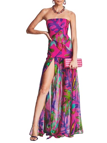 Image of Women 's Tube Top Dress Sleeveles Strapless Backless Mesh Patchwork Tropical Leopard Print High Slit Maxi Dress