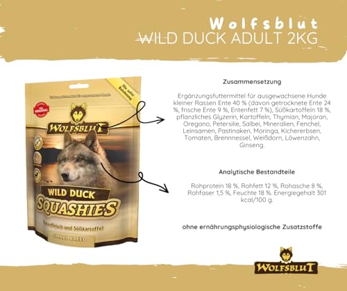 Wolfsblut Squashies Wild Duck SB - Hundesnack – getreidefreie Softsnacks mit Entenfleisch & Moringa – für kleine Hunde – Ergänzungsfuttermittel – 4 x 350g - Kroketten in Small Breed
