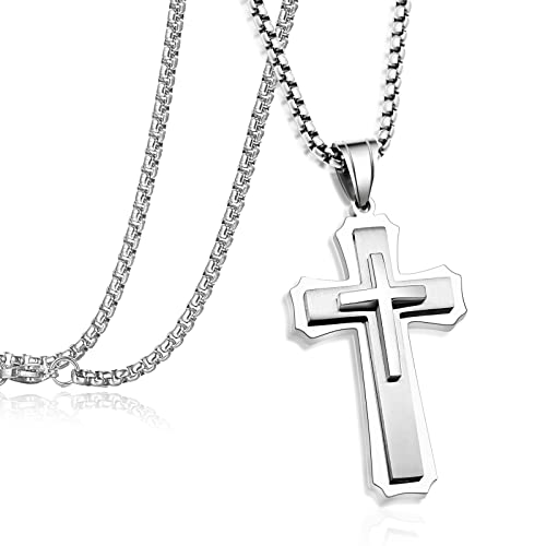 Silver deer [Hypoallergenic Cross Necklace for Men【2in DIY extension】 Stainless Steel Plain Cross Pendant Necklace for Men Box Chain 21.65in