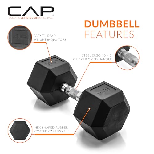 Image of CAP Rubber Coated Dumbbell Weights, Free Weights for Home Gym Strength Training, Anti-Roll Hex Dumbbells with Black, Chrome & Comfort Grip Handles, Singles