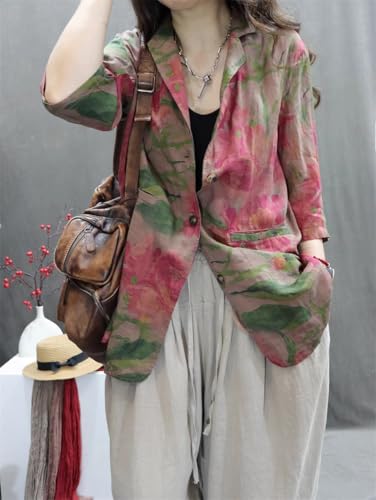Women's Boho Cotton Linen Blazer Floral Print 3/4 Sleeve Notch Lapel Collar Loose Fit Casual Jacket with Pockets4