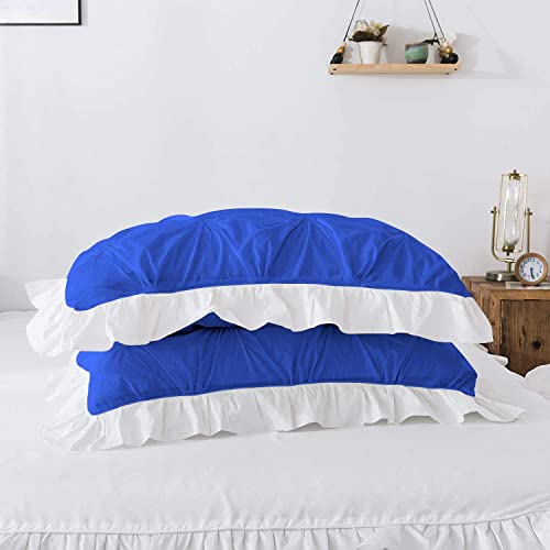 Image of 300 TC Pinch Ruffle 2 Tone Duvet /Razai /Blanket Cover with 2 Pillow Cover- 100% Cotton (Zipper Closure) Razai Cover 3 PC Set, Soft & Lightweight-Queen Size White /Royal Blue