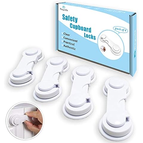 Rayuda Child Safety Cupboard Locks for Children with Insurance Button and Spare Adhesive, Safety and ECO-Friendly Child Locks for Baby Proofing, 4 Packs Cover