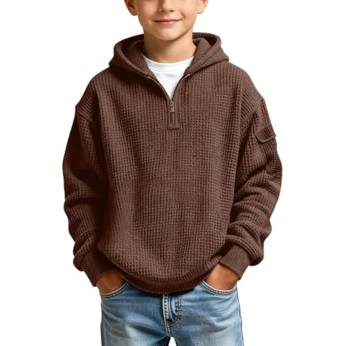 ZGTWHZY Boy Sweatshirts,Boys Waffle Knit Quarter Zip Sweatshirts Fall Fashion Long Sleeve Pullover Hoodies Sweater Tops Teen Boy Clothes,Brown,130=7-8 Years