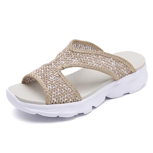 Tokouk Slides for Women's Knitted Orthopedic Platform Sandals Comfortable Fabric Kint Slip On Wedge Lightweight Walking Sandals with Arch Support Lightweight Athletic Soft Cushion Footbed