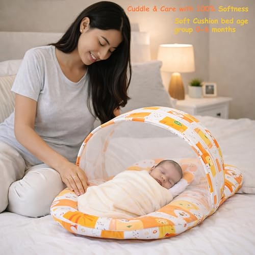 Image of Fareto Combo of Baby Bed with Net | Carry Bag | 4 Pcs Bedding Set (0-6 Months, Baby Size, Cotton) (Orange Fox)