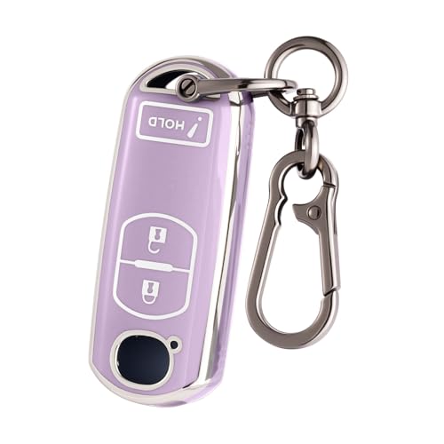 CHATYYD Key fob Cover for Mazda with Keychain,Soft TPU Car Key Cover Case for Mazda 3 CX-3 CX-5 2013-2017 Accessories(Silver-Edged Purple)