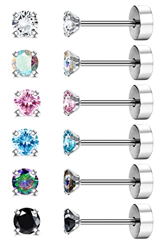 Subiceto 6 Pairs Of Titanium Surgical Stainless Steel Stud Earrings Set For Women Men Hypoallergenic Cubic Zirconia Studs Earrings 20G Cartilage Tragus Flat Back Earrings Piercing Jewelry 2Mm #TOP25