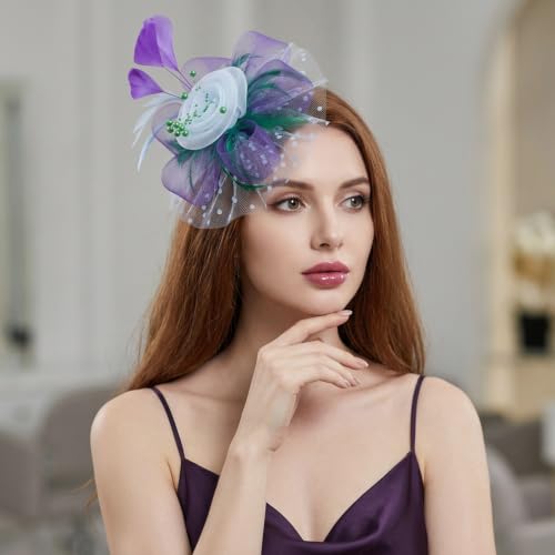 Image of DRESHOW Fascinators Hat Flower Mesh Ribbons Feathers on a Headband and a Clip Tea Party Headwear for Girls and Women