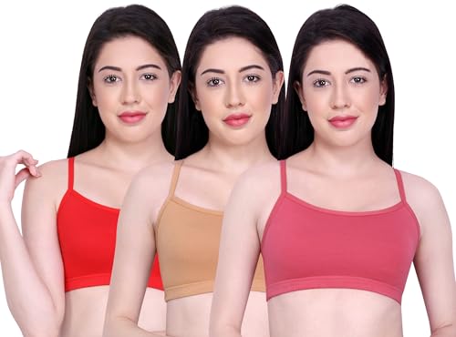 Image of INKURV Slip on Beginner's Bra for Girls, Non Padded, Non Wired, No Hooks with Double Layered Fabric, Adjustable Straps, Wirefree Sports Bra- Lisa Combo of 3 (Red Rust Camel 30B)