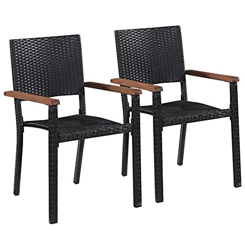 Outdoor Chairs 2 pcs Poly Rattan Black with Acacia Wood Armrest, 56x55x88 cm Patio Dining Chairs for Garden, Lawn, Balcony, Easy Assembly, Water-Resistant Lounge Seating