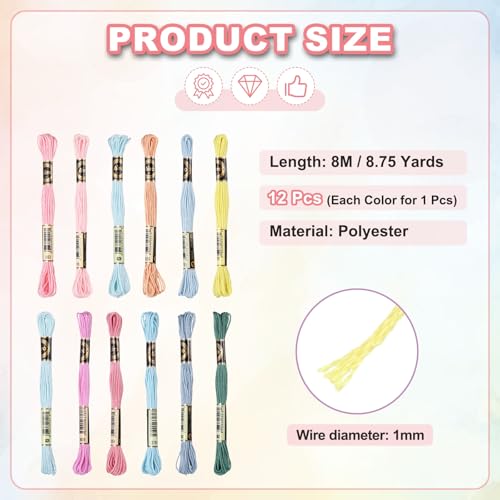Image of PATIKIL 12 Skeins Embroidery Floss Polyester Embroidery Threads Bracelets String for Cross-Stitch Hand Embroidery, Light Mixed Colors