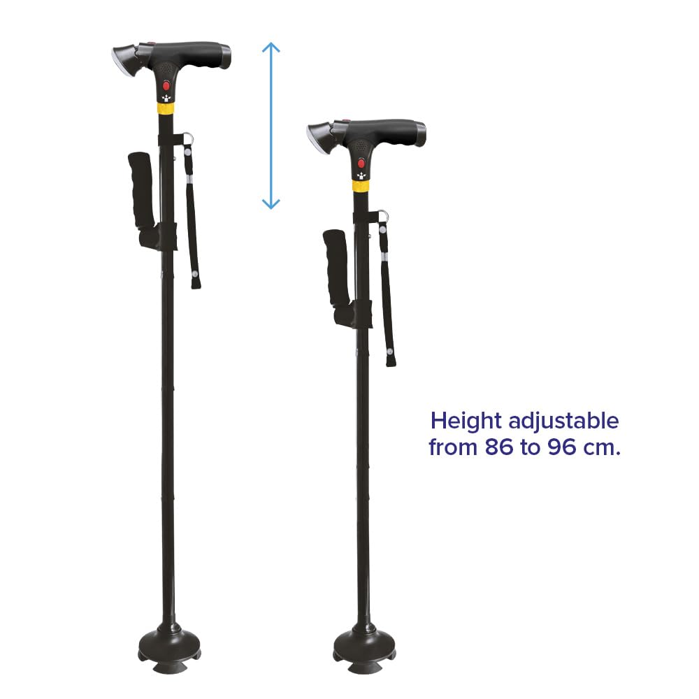 DR-HO'S Get Up & Go - Bastón de lujo plegable, altura ajustable con luz y alarma, base de 4 puntos, soporte de movilidad de doble mango para personas mayores y adultos