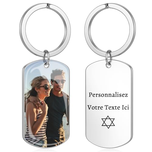 Porte Clef Personnalisable avec Photo, Porte-clés Personnalisé Recto Verso, Cadeau Personnalisé Pour Anniversaire Noël Fête des Pères, Idéal Pour Hommes Petit Ami Mari (A5-UV-Argenté)