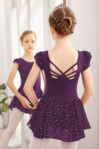 Arshiner BAS005982_BP_140 Girls Shiny Ruffle Sleeve Ballet Leotard With Skirt Criss-Cross Back Dance Dresses Dark Purple,Little Kid thumb #1