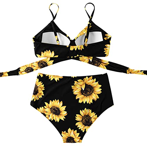 Ensemble bikini fleuri noir à imprimé croisé et taille haute avec cordon réglable - 3