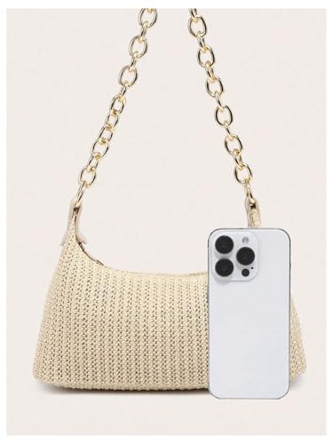 Women's Straw Woven Metal Chain Underarm Bags Small Zipper Beach Boho Shoulder Handbags3