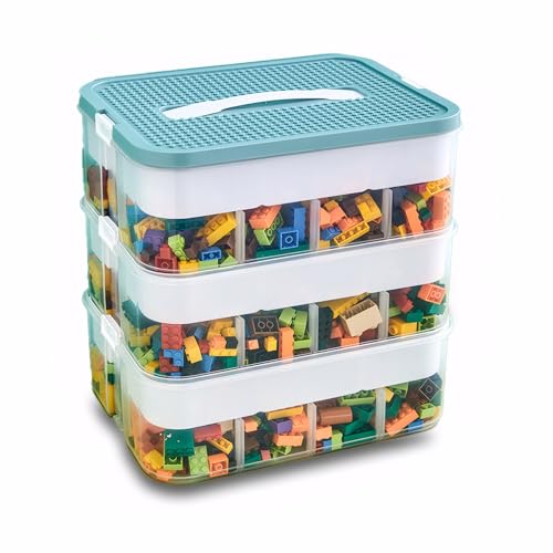 Kongming Boite Rangement avec Couvercle Plastique pour Lego Briques, Enfant Jouets Empilable Organiseur Transparent avec Compartiments pour Ranger les Jouets...